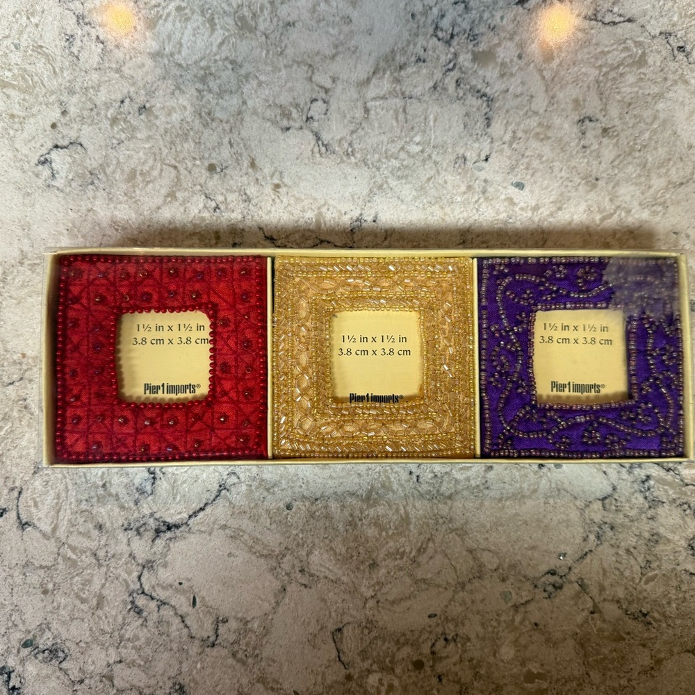 Vintage NWT Pier 1 Imports Mini Fabric Beaded Desktop Photo Picture Frames 1.5”